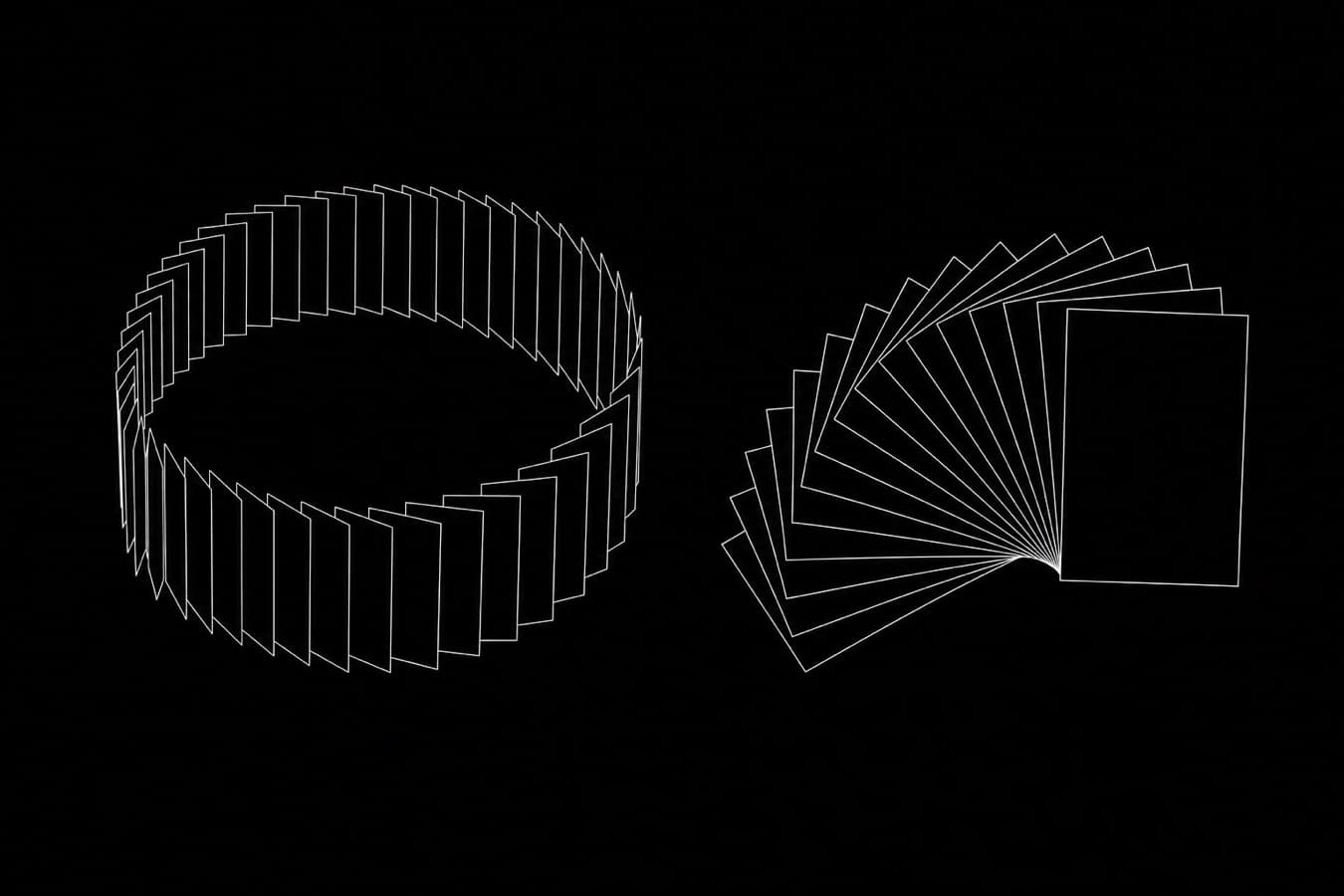 Line drawing of cards arranged in a ring and a fan, the shapes behind carousel layouts