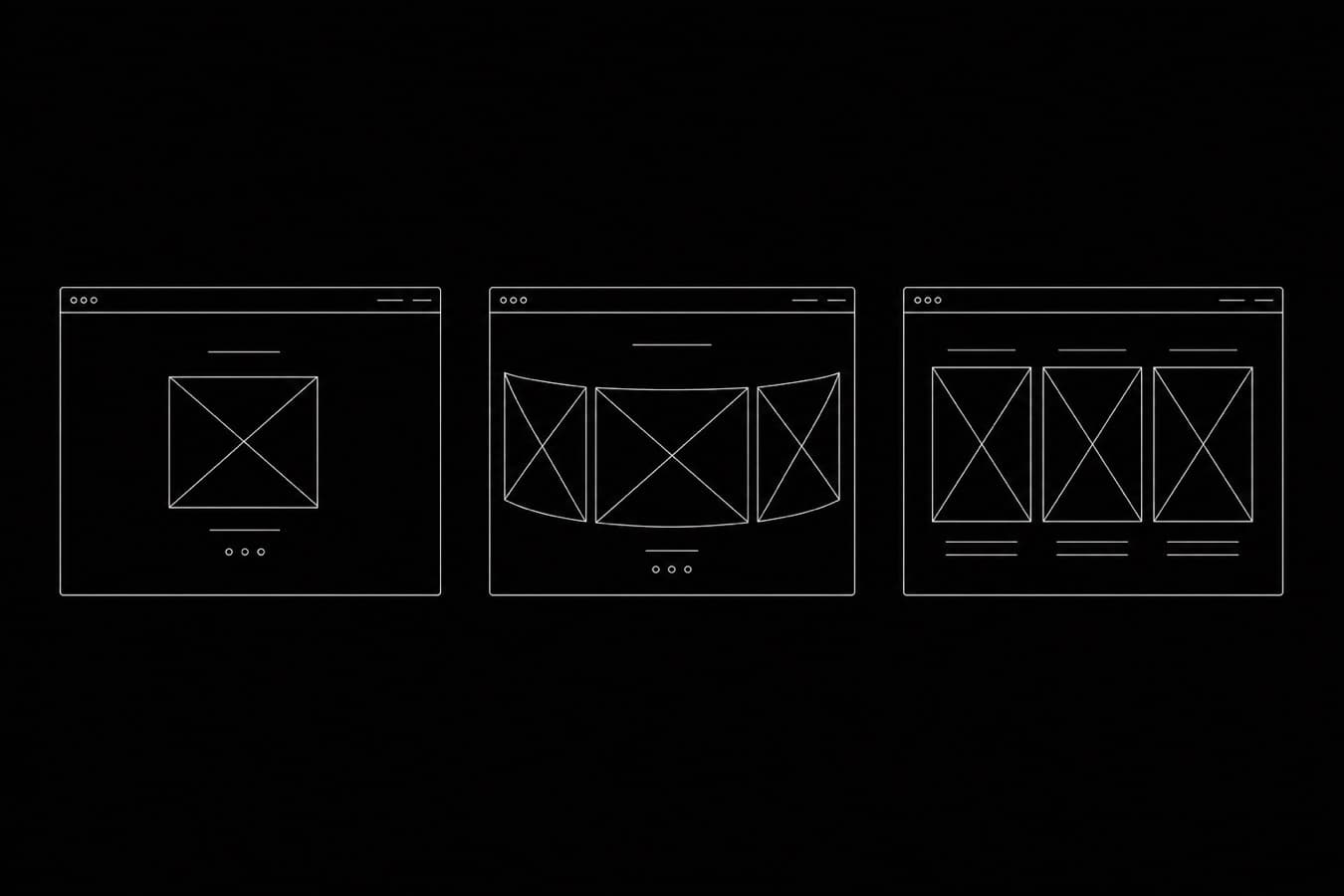 Line drawing of three hero section layouts, a centred product, a curved filmstrip and a three panel grid