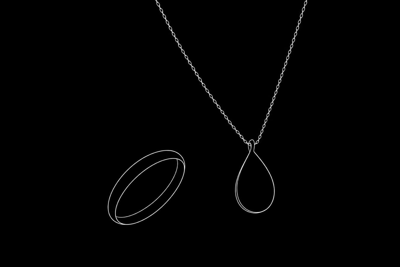 Line drawing of a ring and a pendant arranged on a dark field, minimal jewellery illustration