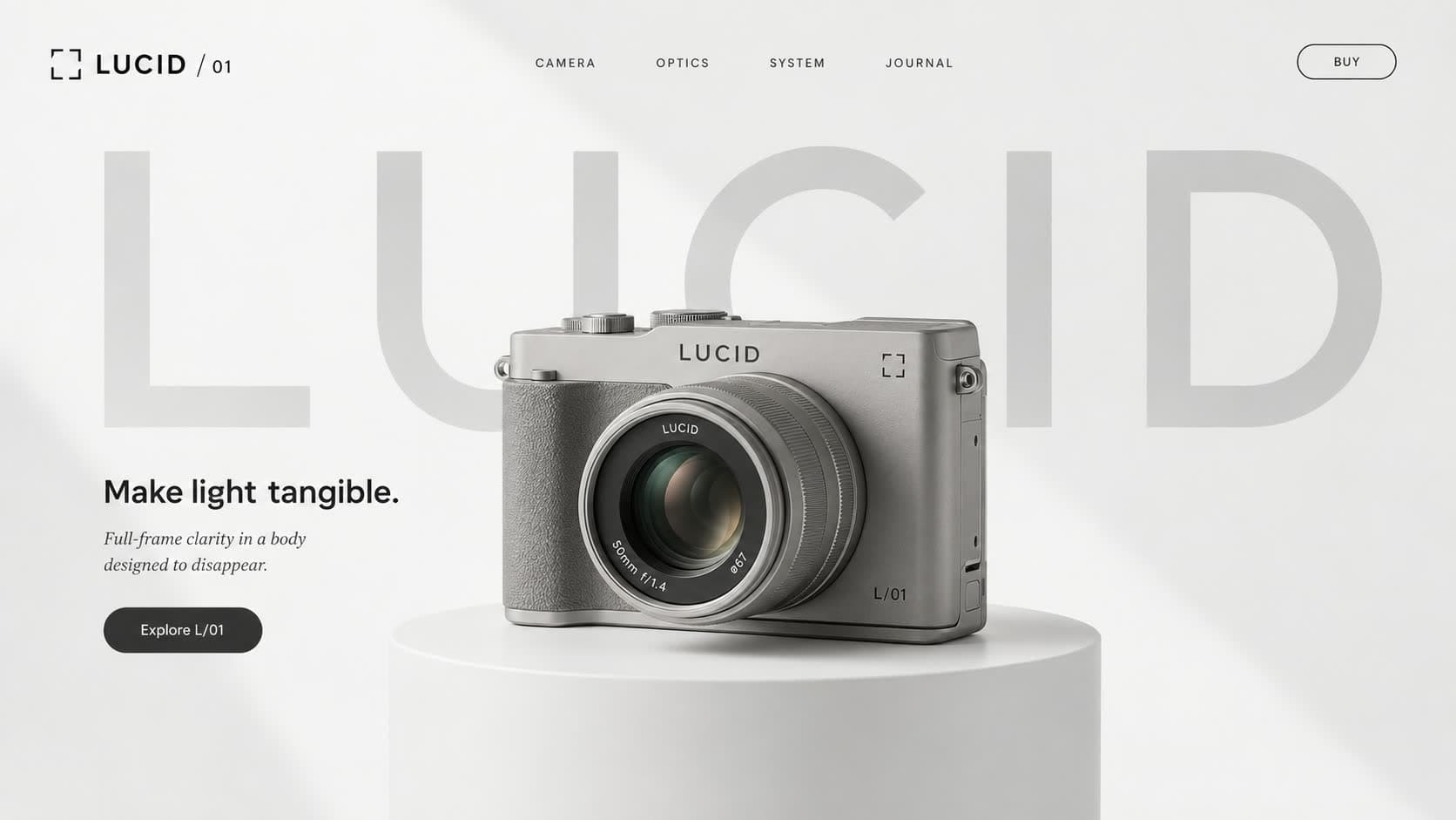 LUCID camera hero section, silver compact camera on a white plinth with giant grey wordmark behind