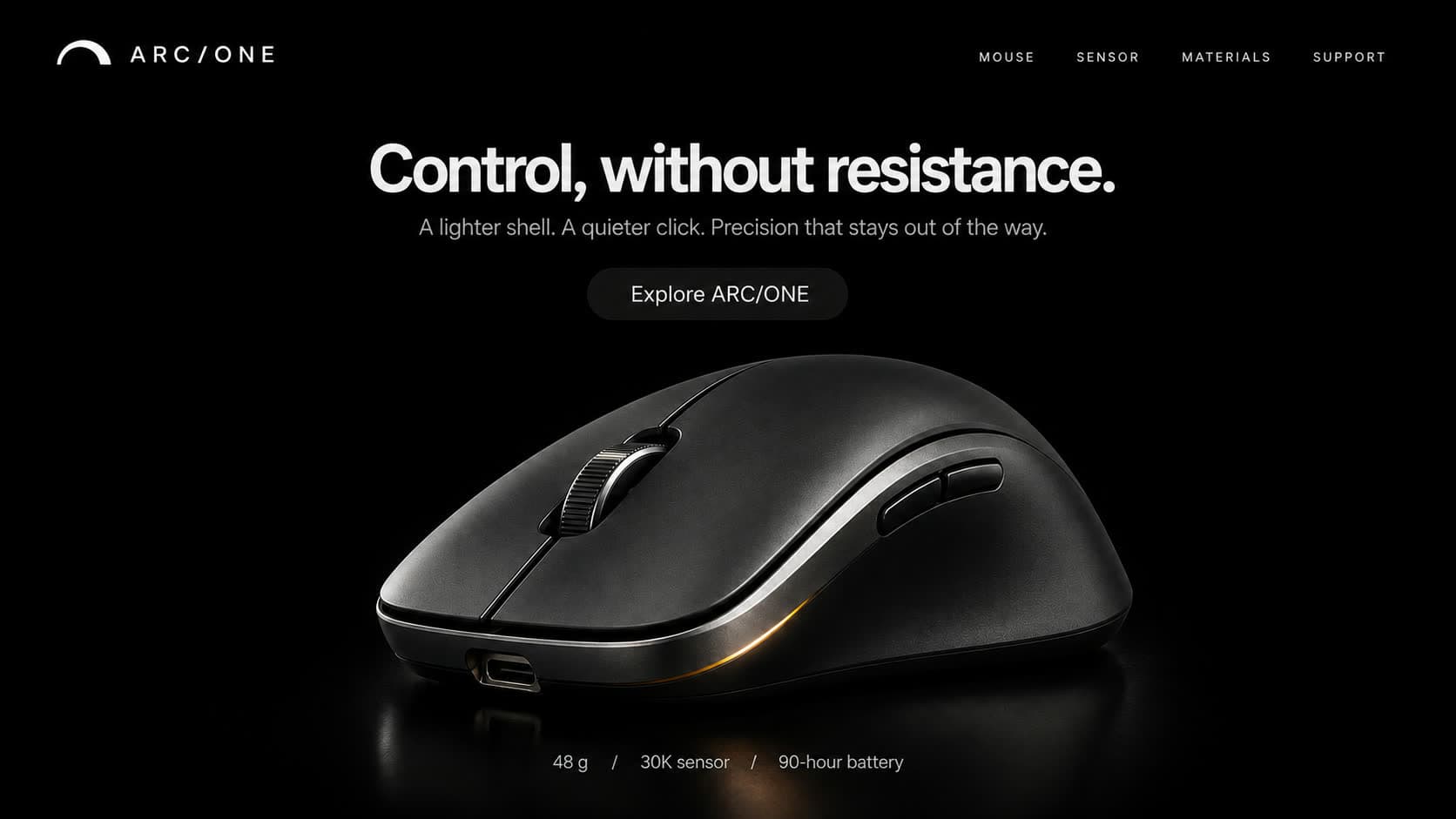 ARC ONE mouse hero section, black ergonomic mouse on a dark stage with spec strip