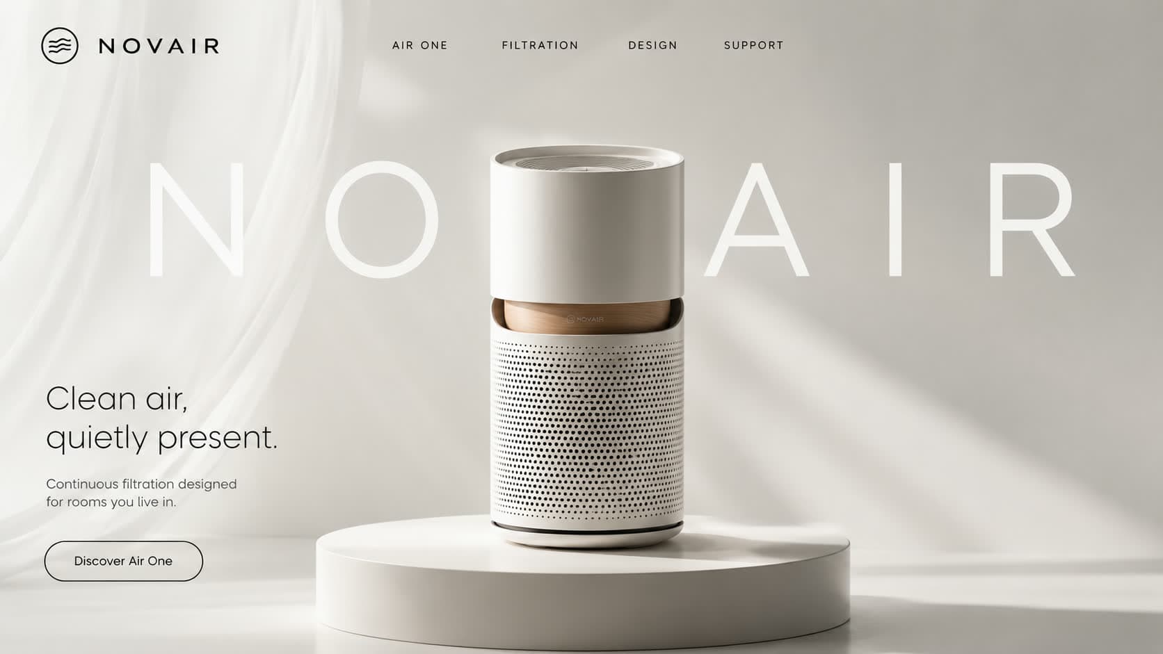 NOVAIR air purifier hero section, white purifier on a podium beside oversized wordmark