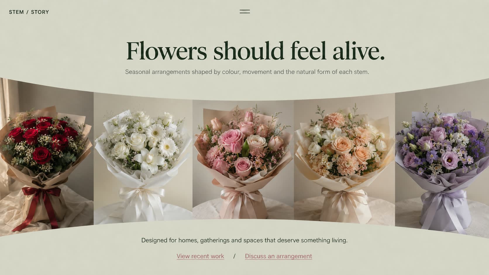Stem Story florist hero section, five bouquet photographs fanned in an arc on sage green