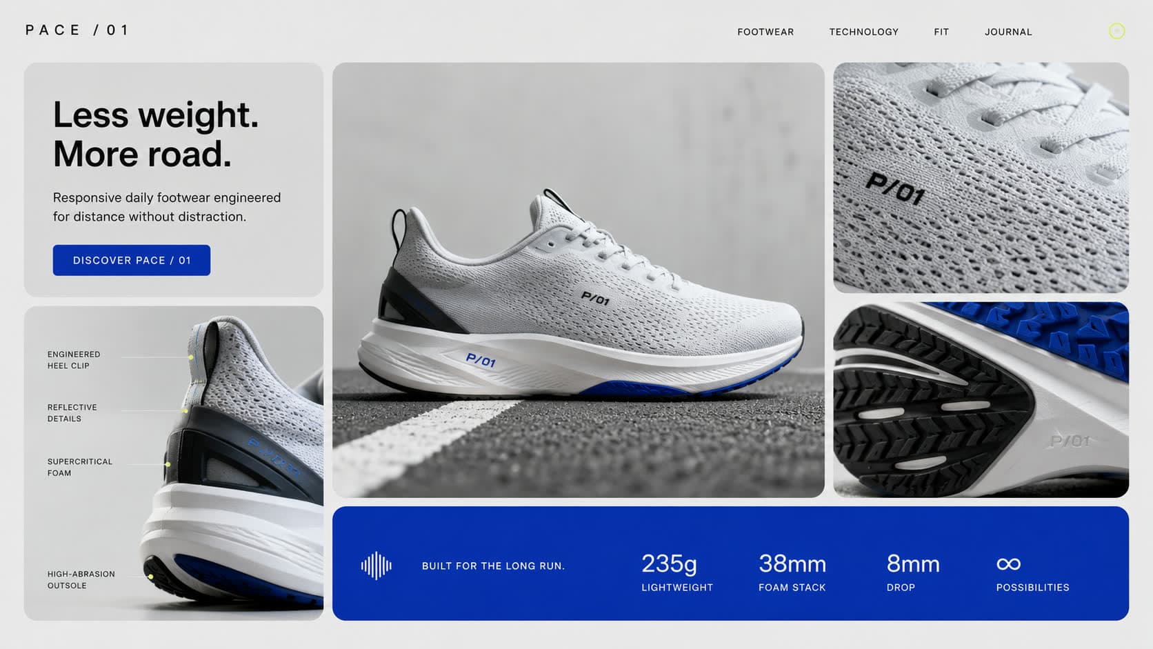 PACE 01 running shoe hero section, bento grid with headline tile, sneaker photos and blue spec bar