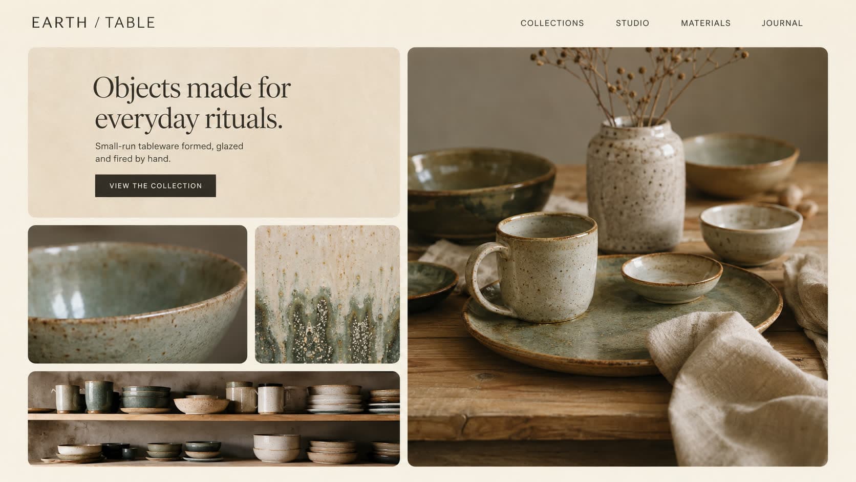 Earth Table ceramics hero section, bento tiles of stoneware objects around an editorial headline