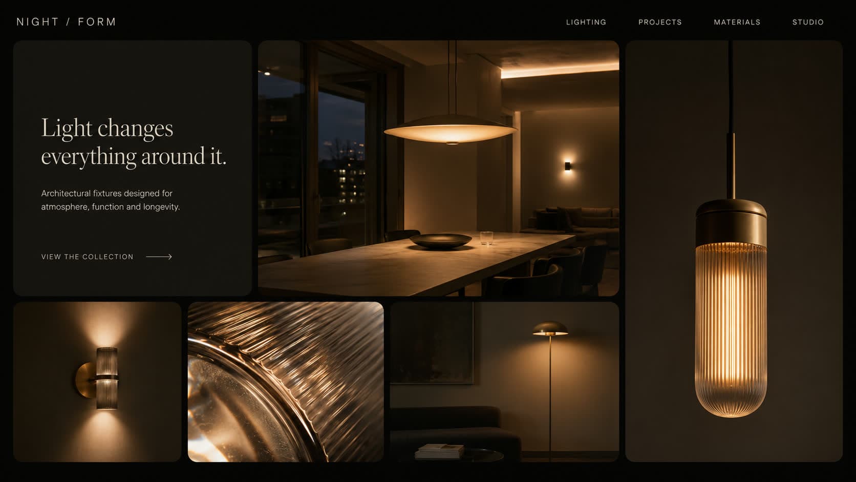 Night Form lighting hero section, dark bento grid of lamps and lit interiors