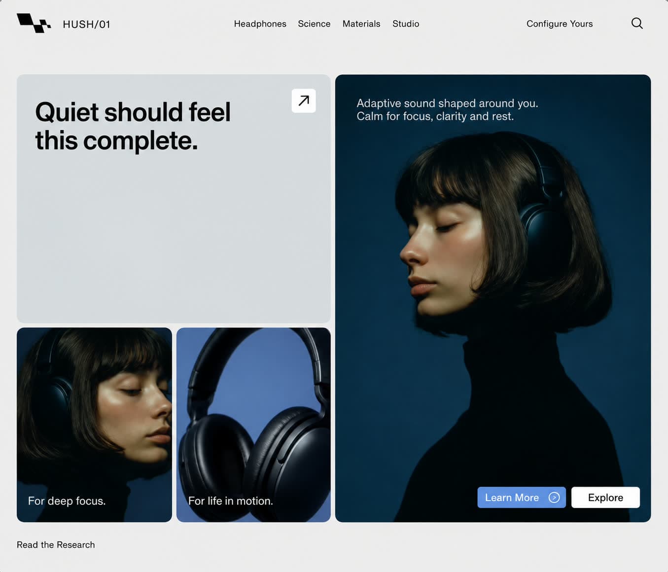 HUBAVI headphones hero section, blue and white tiles mixing portrait photography and product shots