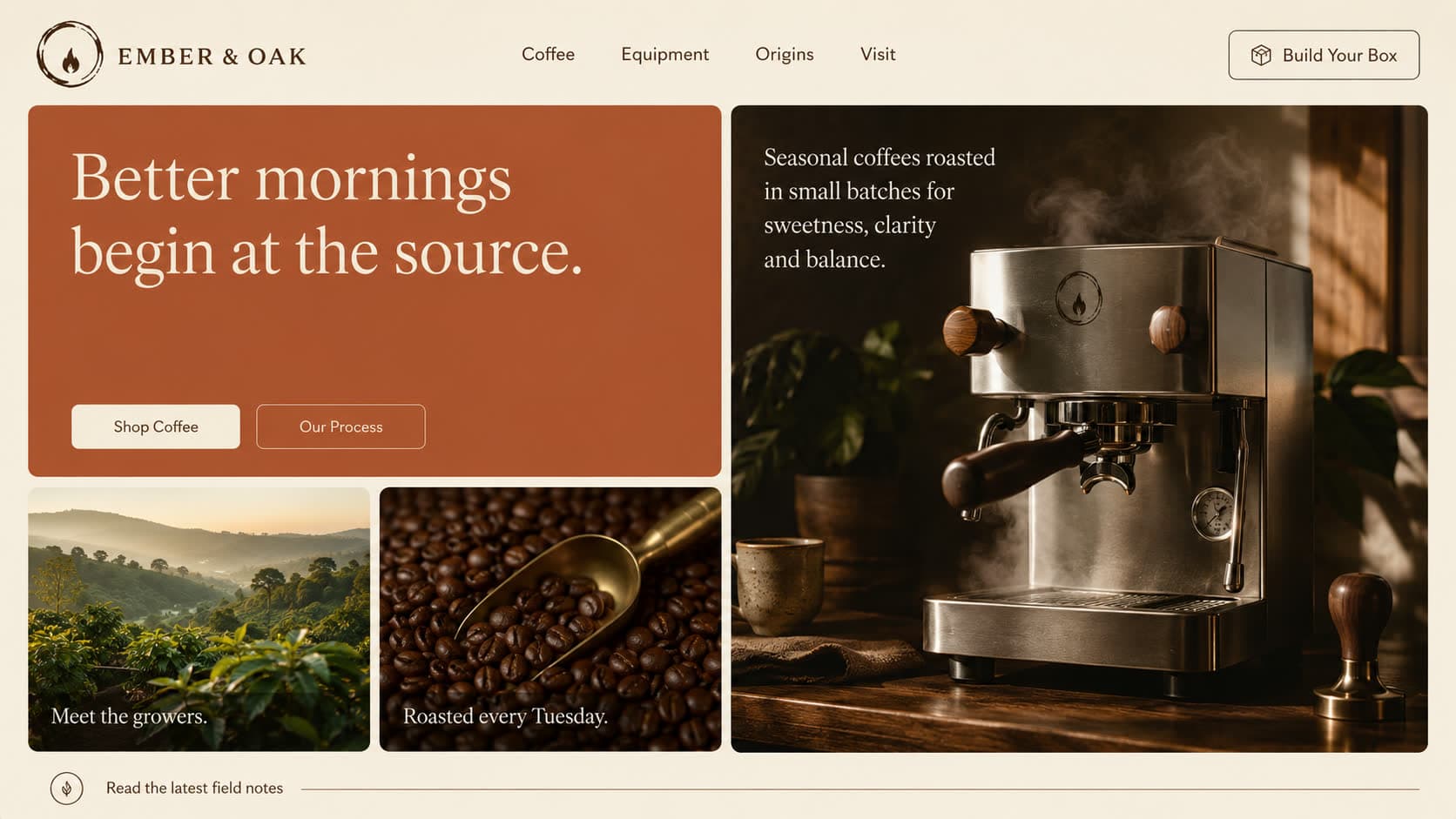 Ember and Oak coffee hero section design