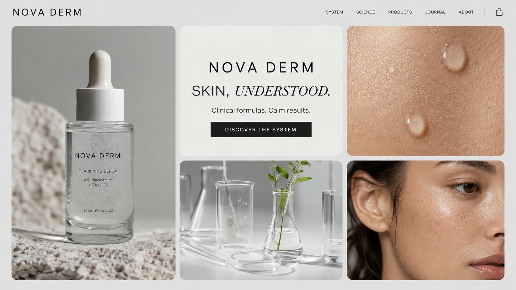 Nova Derm skincare hero section, pale grey tiles of serum bottles, glassware and skin photography