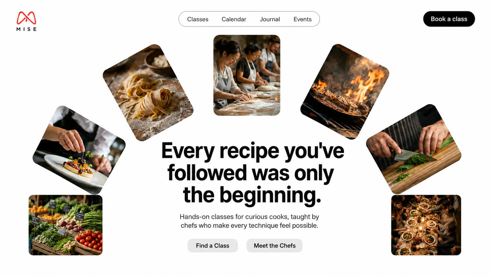 MISE cooking school hero section, tilted food photography cards floating around a centre headline