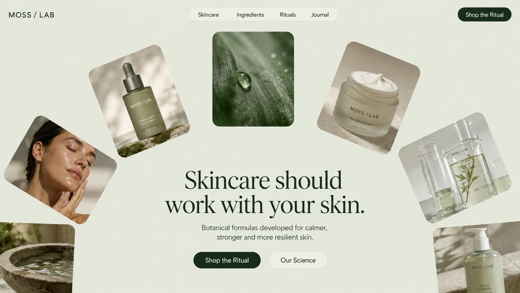 MOSS LAB skincare hero section, botanical and product cards floating on a soft sage background