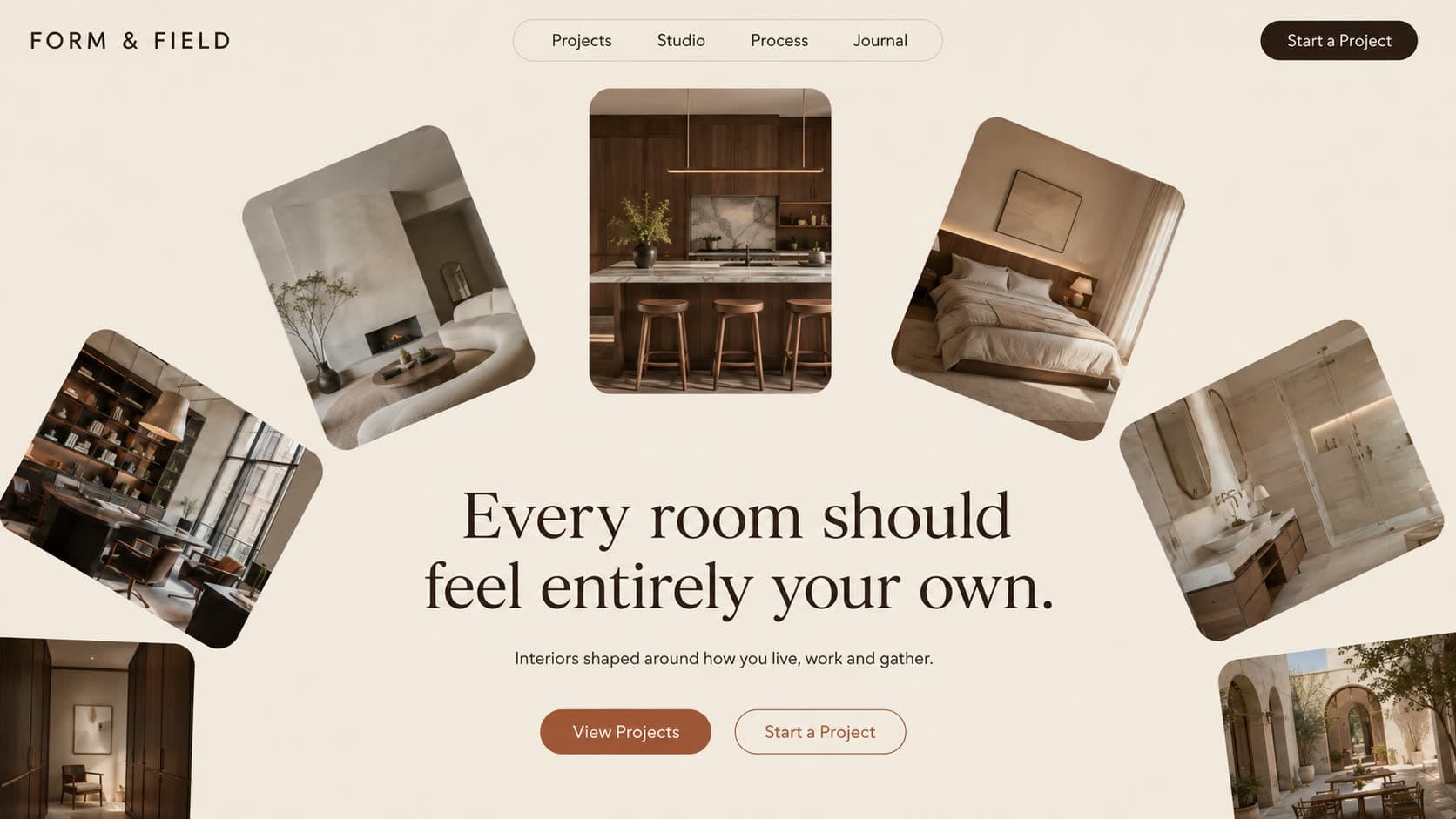 Form and Field interiors hero section, rounded room photographs fanned around a serif headline