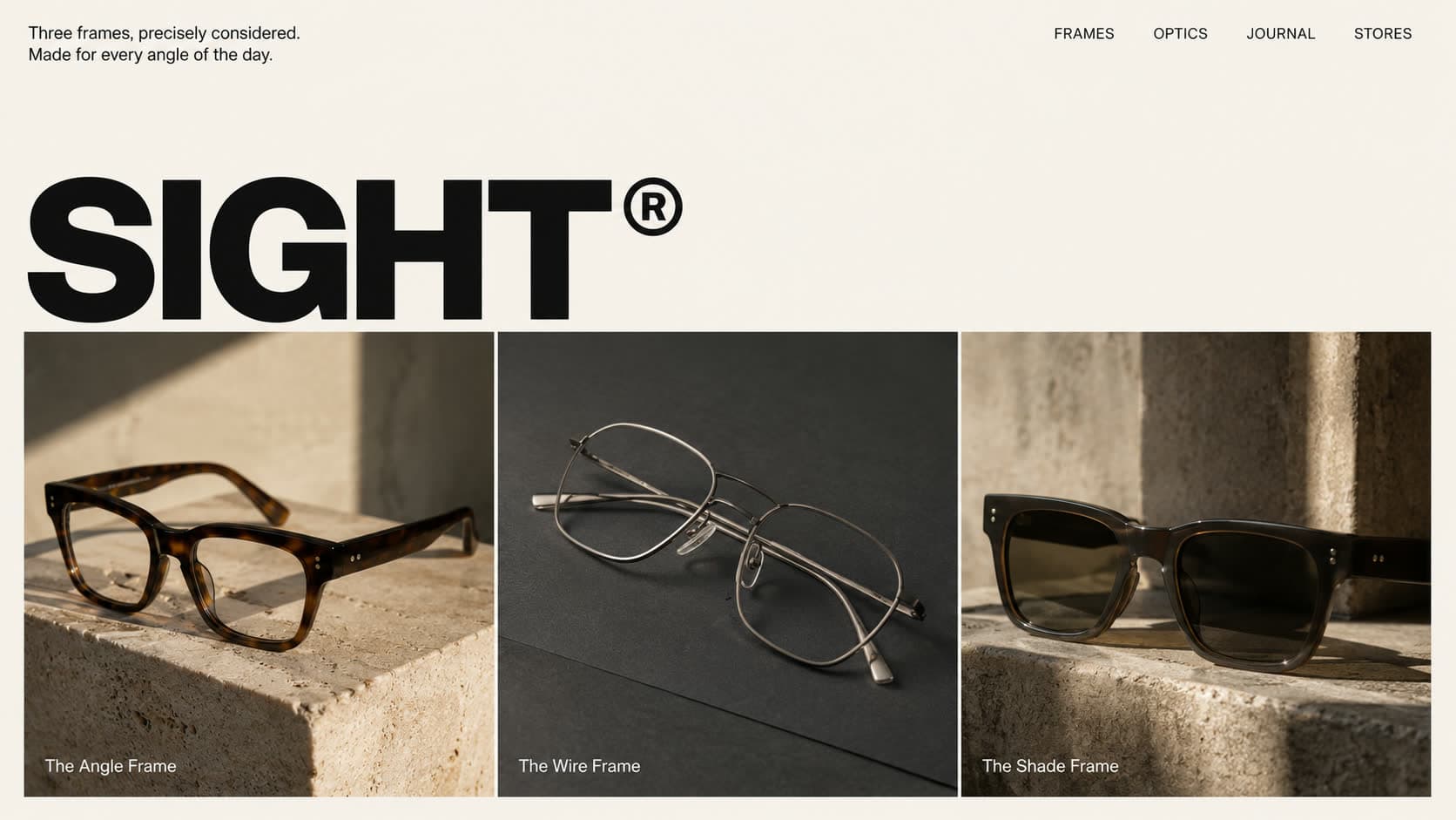 SIGHT eyewear hero section, giant wordmark above three labelled frames on stone