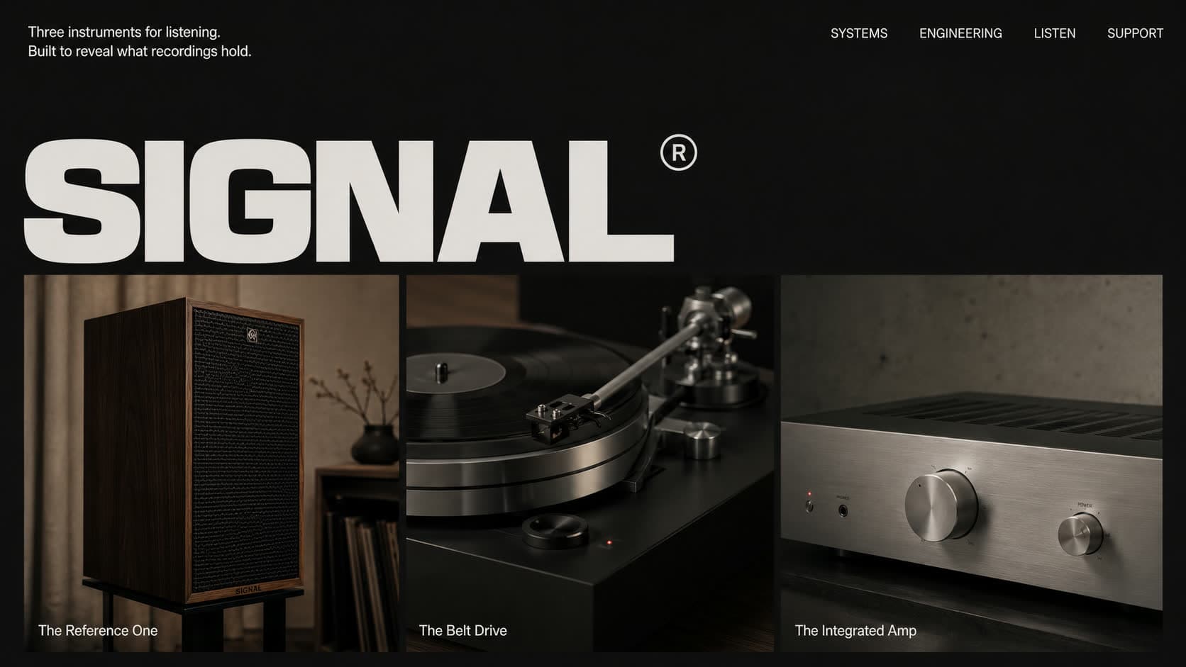 SIGNAL audio hero section, three hi fi instruments in panels under a bold white wordmark