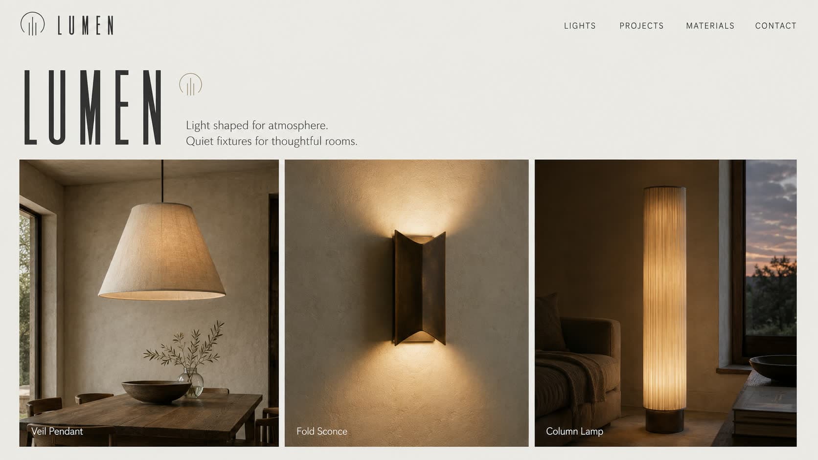 LUMEN lighting hero section, wordmark beside three lamps photographed in warm evening light