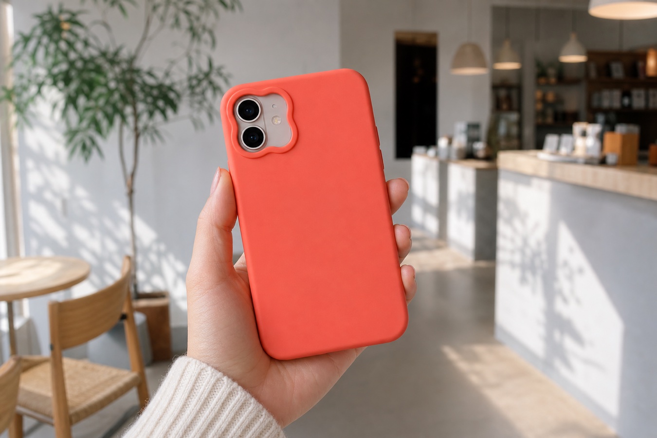 A hand holding a phone in the coral case