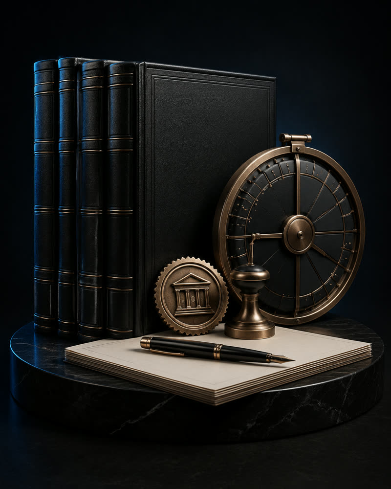 Leather statutory registers with a corporate seal and fountain pen