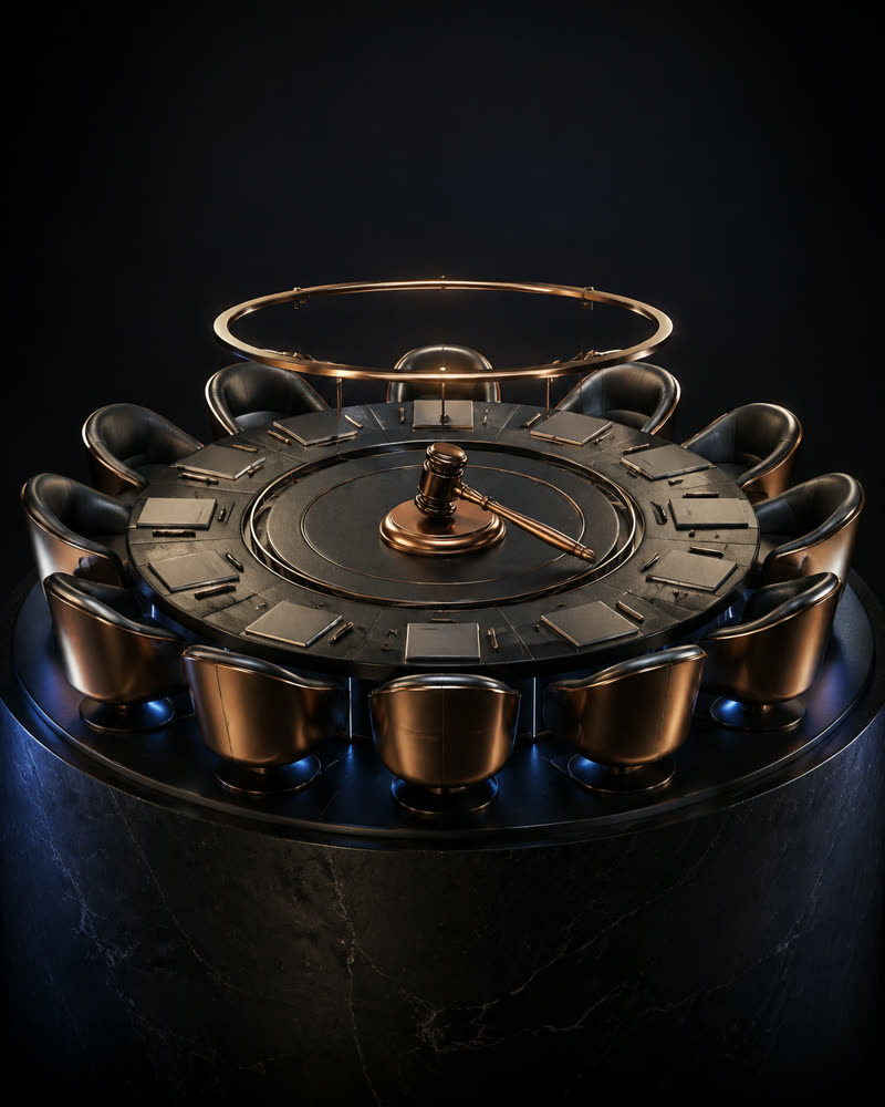 Round boardroom table with a bronze gavel