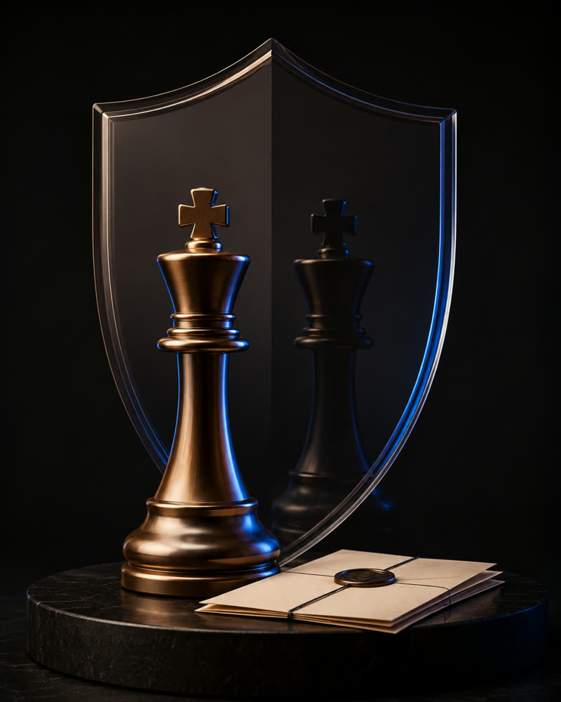 Bronze chess king before a glass shield