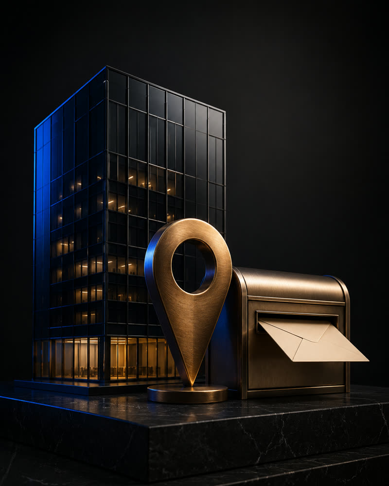 Gold location pin and mailbox beside an office tower