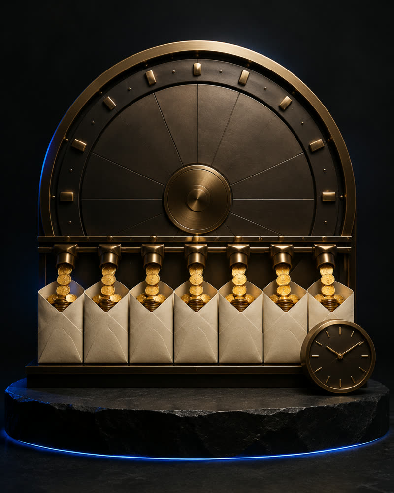 Brass vault dispensing coins into pay envelopes