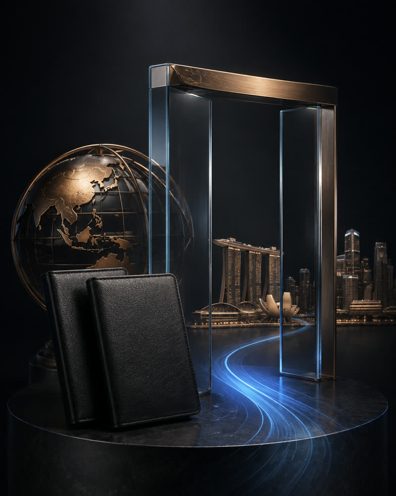 Bronze globe and passports at a glass gateway onto the Singapore skyline