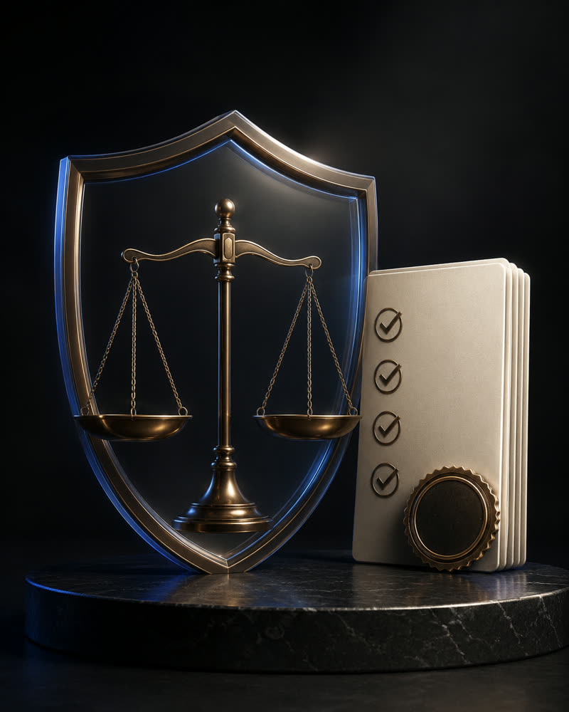 Bronze scales of justice behind a glass shield beside a compliance checklist