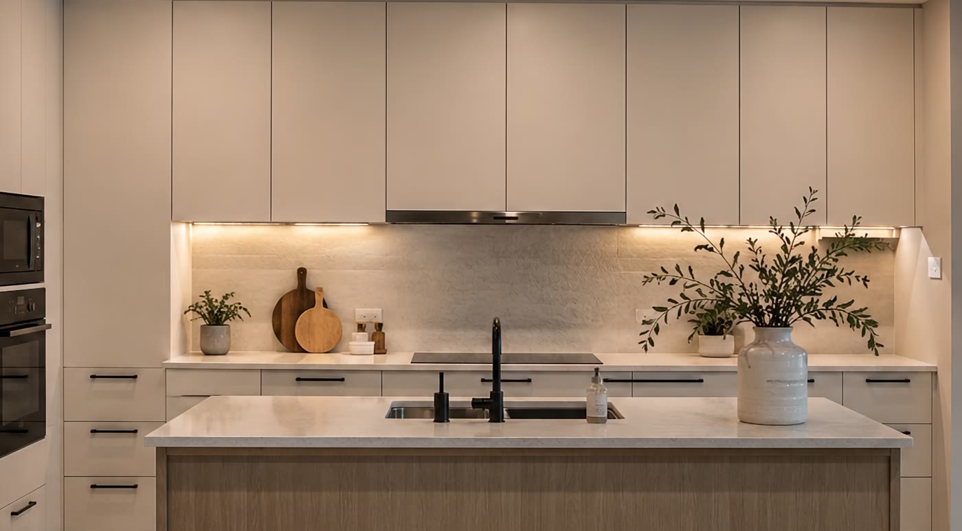 Under-lit prep wall with induction hob and stone splashback