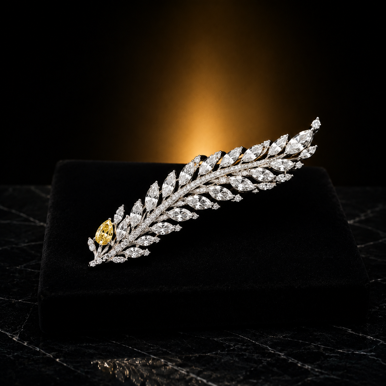 Plume — diamond feather brooch with a fancy yellow pear-cut diamond