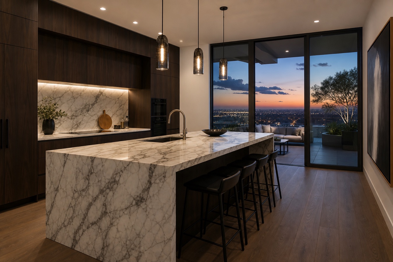 Penthouse kitchen with marble island at dusk