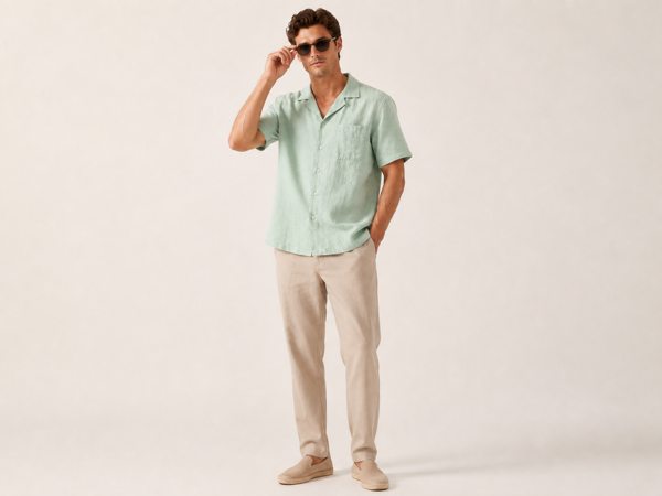 Model wearing the sage camp collar shirt