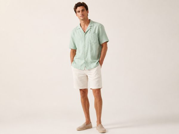 Camp collar shirt styled with white shorts