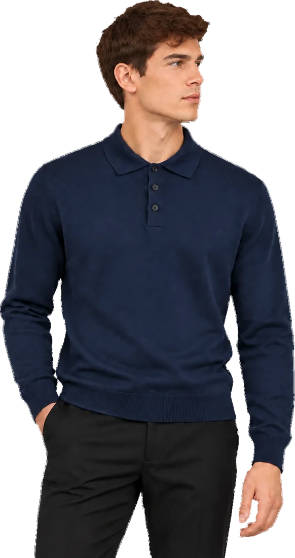 The midnight merino polo, worn