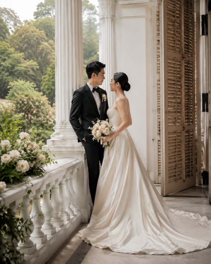 Couple standing together on a colonnade balcony with a white bouquet
