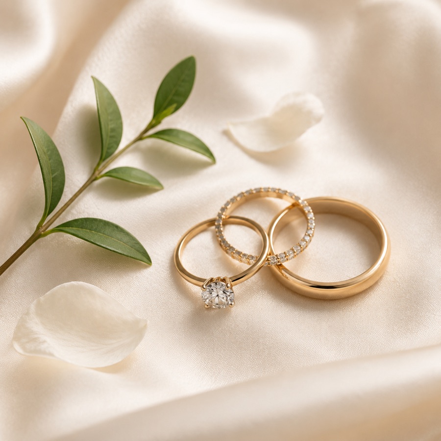 Two gold wedding bands on ivory silk beside a sprig of leaves
