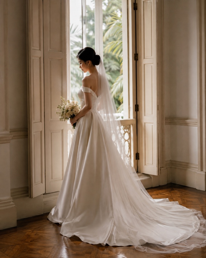 Bride in a full skirted gown and veil standing at a tall window, holding a bouquet