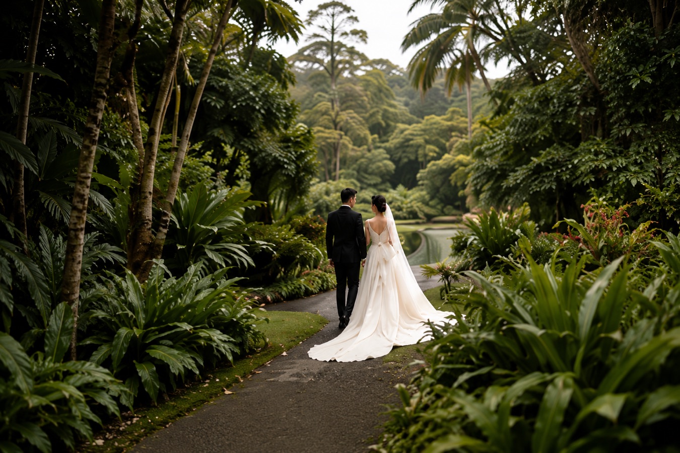 Couple walking away along a path through dense tropical planting