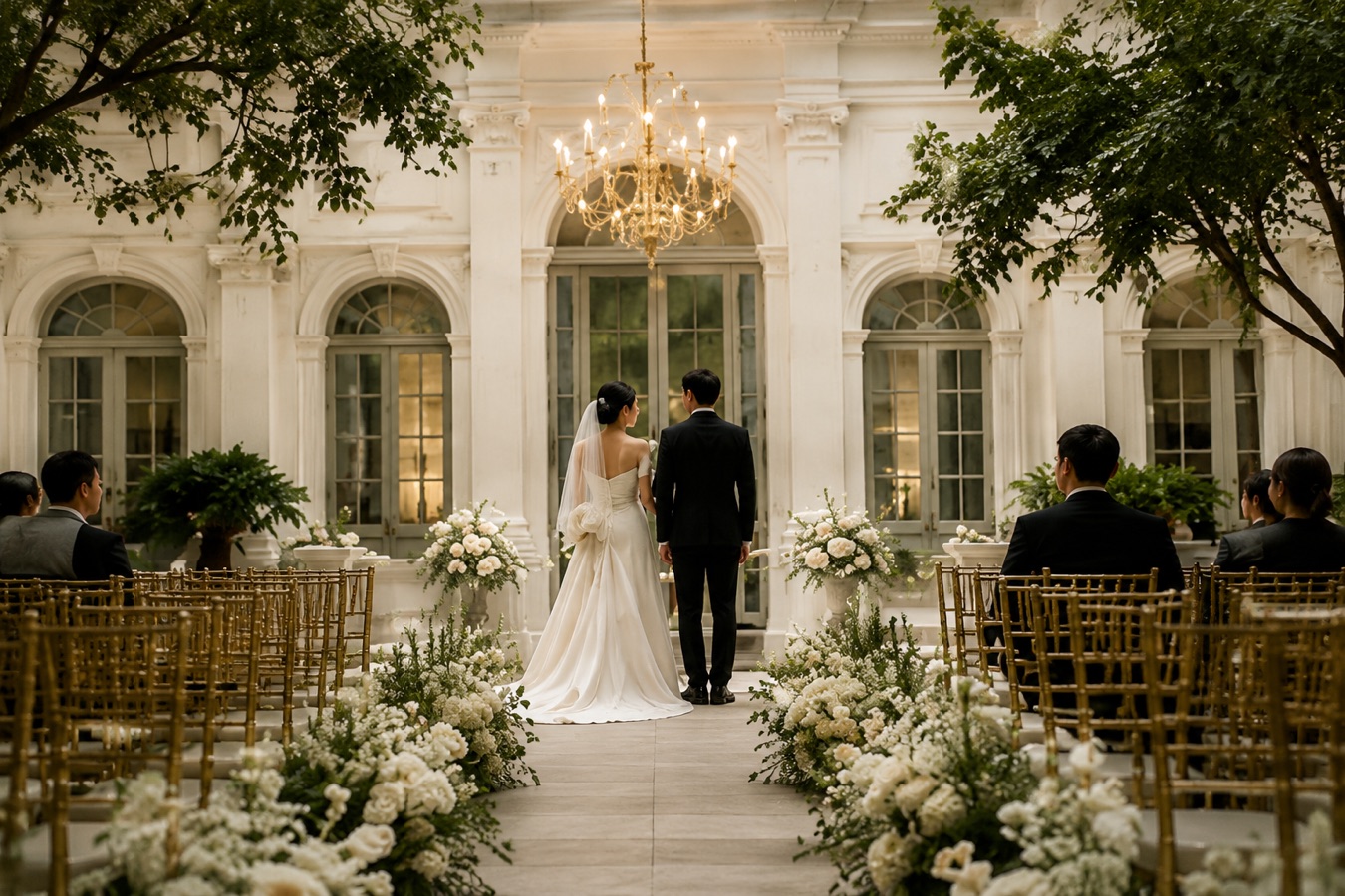Couple at the altar under a chandelier with guests seated among greenery