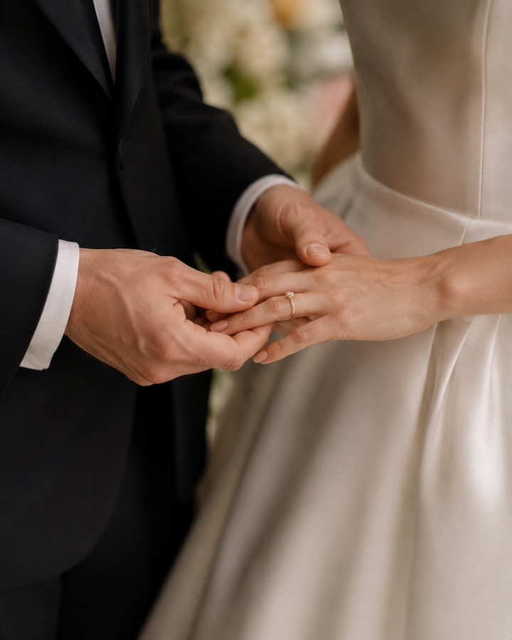 Close view of a ring being placed on the bride's finger
