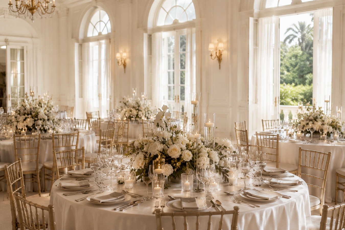 Reception tables laid with white florals under arched windows
