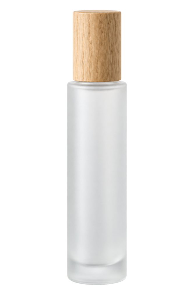 Frosted white perfume bottle with oak cap