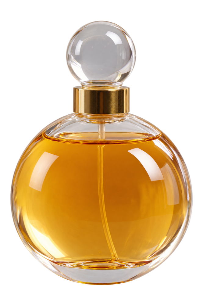 Spherical honey coloured perfume bottle