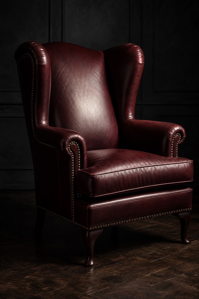 Tall oxblood leather wingback armchair