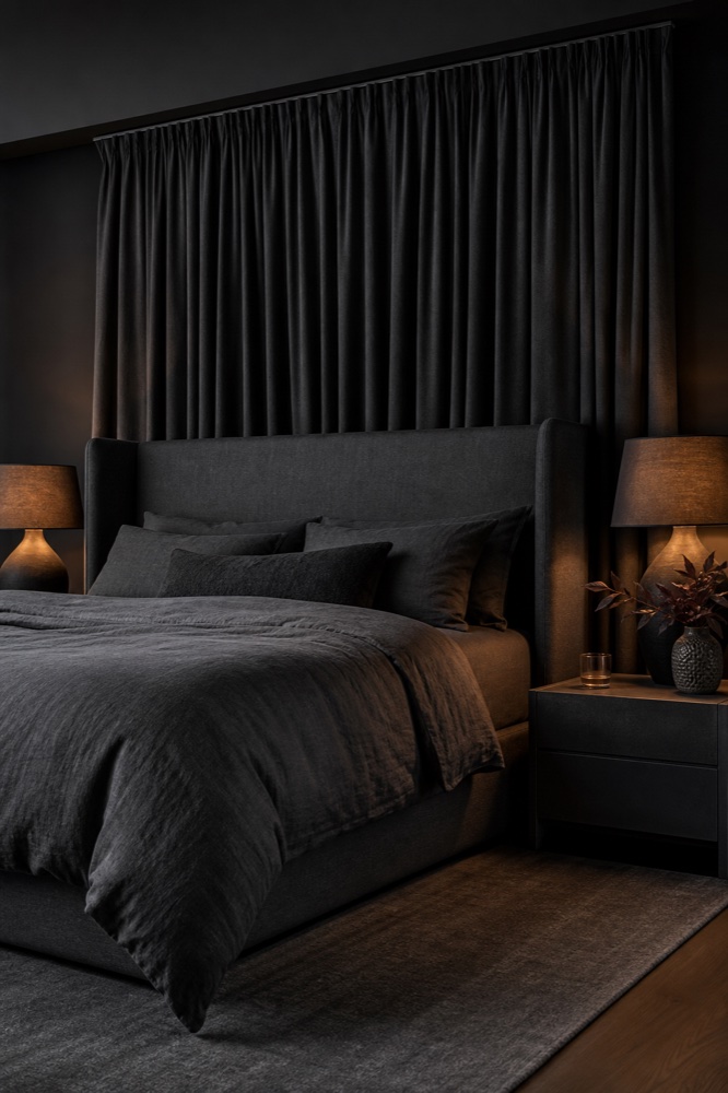 Charcoal linen bed with heavy drape headboard