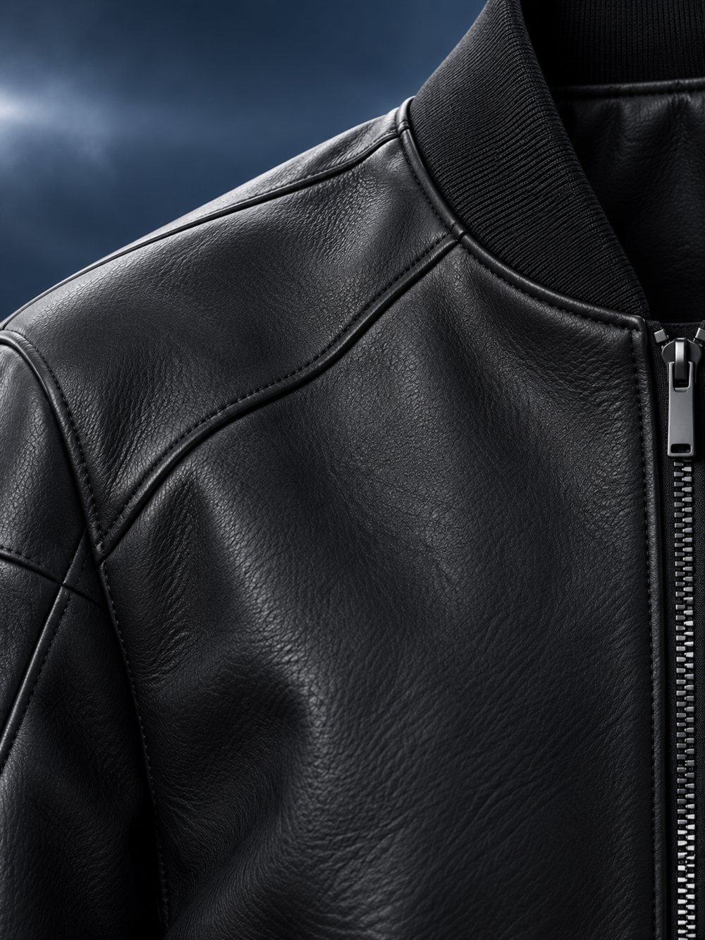 Matte black leather with a sealed seam and zip