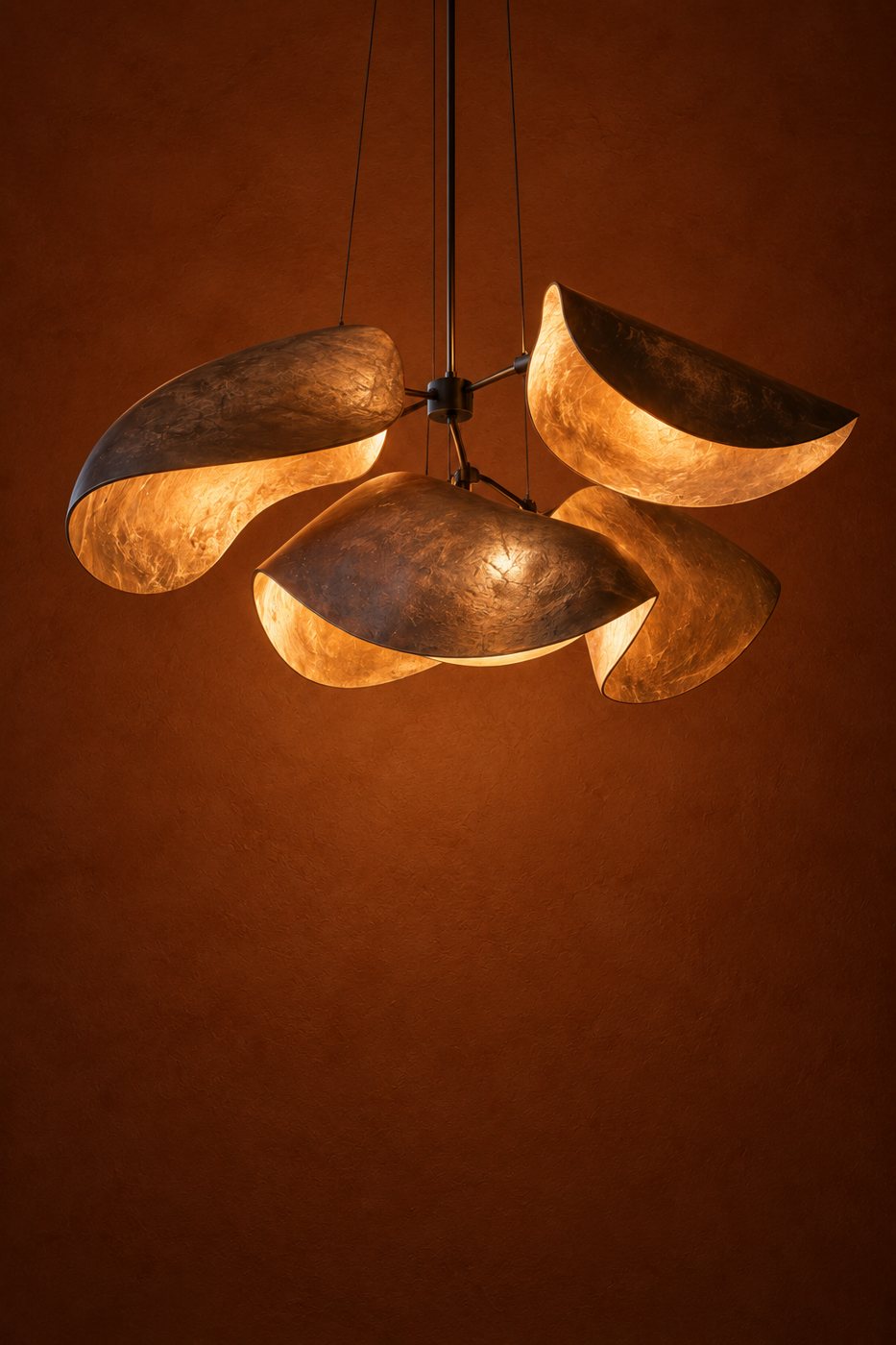 A bronze petal chandelier glowing in a dark room