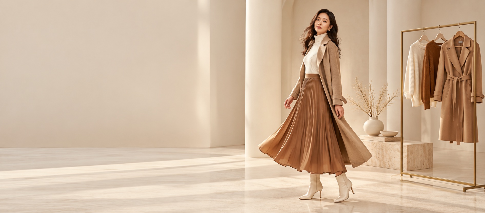 A model in a camel coat and pleated skirt walking through the SOLENNE boutique
