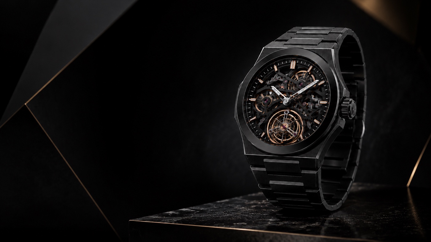 Meridian Noir Skeleton on a black pedestal