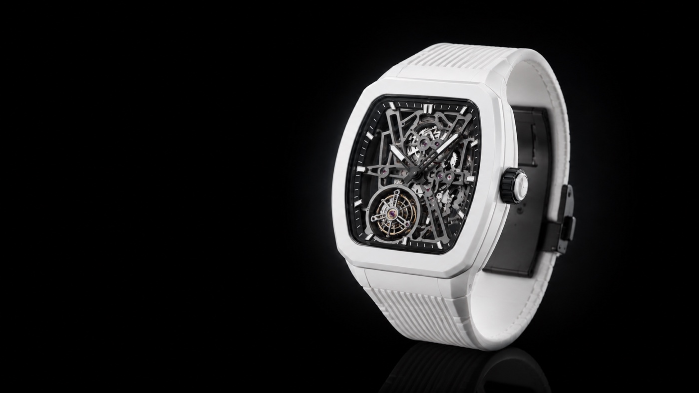 White skeleton tonneau watch
