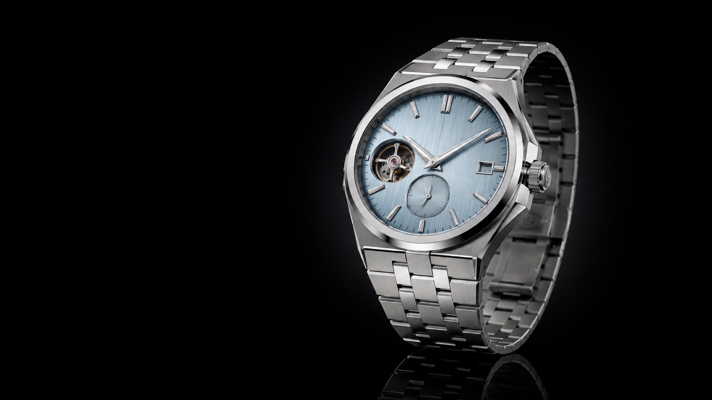 Glacier 40 steel watch with ice-blue open-heart dial